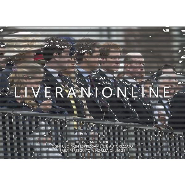 Prince Harry, a former officer in the household cavalry, watches the The new Standards of the household cavalry as they are paraded during the ceremony on horse guards parade. The Queen presents the Household Cavalry with new standards once every decade. The Household Cavalry consists of the two senior regiments in the British Army; The Life Guards and The Blues and Royals. These two regiments form the SovereignÇƒÙs personal mounted body guard while also providing an operational Armoured Cavalry Regiment, equipped with CVR(T) vehicles. This parade sees the entire regiment, both mounted on horses and in armoured vehicles being inspected by Her Majesty on Horse Guards Parade. The Household Cavalry Regiment has recently returned from its last tour to Afghanistan having had six deployments since 2004. The Standards themselves have historically acted as a rallying point during battle and now carry all of the Battle Honours of both The Life Guards and The Blues and Royals. They carry huge significance as they represent four hundred years of history of service to the monarch and to the country. The Parade will begin with the Armoured Regiment and the Mounted Regiment forming up on Horse Guards Parade, when the outgoing standards are trooped and removed from the parade. ©photoshot/Agenzia Aldo Liverani sas - ITALY ONLY - REALI INGLESI: La Regina Elisabetta II d\'inghilterra e il principe Harry, durante la cerimonia per la parata delle guardie a cavallo