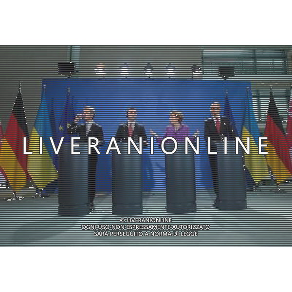 (140528) -- BERLIN, May 28, 2014 () -- (From L to R) Moldovan Prime Minister Iurie Leanca, Georgian Prime Minister Irakli Garibashvili, German Chancellor Angela Merkel and Ukrainian Prime Minister Arseniy Yatsenyuk attend a press conference prior to a dinner and joint talks at the Chancellery in Berlin, Germany, on May 28, 2014. Ukrainian Prime Minister Arseny Yatsenyuk said on Wednesday that his country should become a European country under the newly elected President Petro Poroshenko. (/Zhang Fan) ©PHOTOSHOT/Agenzia Aldo Liverani sas - ITALY ONLY - EDITORIAL USE ONLY - Conferenza stampa prima di una cena e colloqui congiunti presso la Cancelleria a Berlino, Germania, il 28 maggio, 2014.