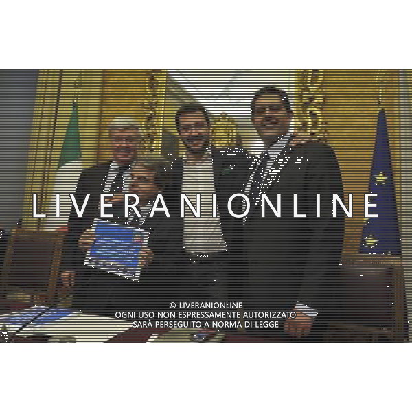 Conferenza stampa congiunta di Matteo Salvini e Giovanni Toti con Renato Brunetta e Paolo Romani rispettivamente capigruppo di Camera e Senato, per sostenere i referendum leghisti per la raccolta firme a Montecitorio Roma 29 maggio 2014 ©Corradetti/Agenzia Aldo Liverani sas