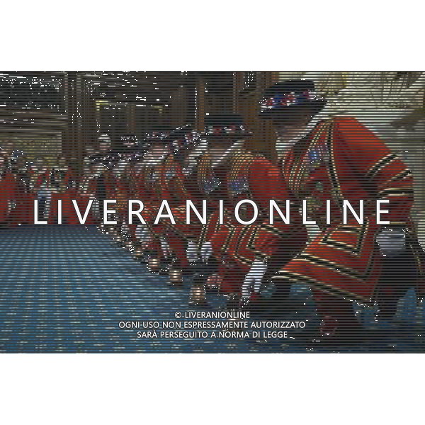 Yeomen of the Guard prepare to conduct the ceremonial search ahead of the State Opening of Parliament at the Palace of Westminster in London on June 4, 2014. The State Opening of Parliament marks the formal start of the parliamentary year and the Queen\'s Speech sets out the government\'s agenda for the coming session. The ceremonial search by members of the Queen\'s Body Guard ahead of the State Opening is a tradition that dates back to the Gunpowder Plot of 1605, when Guy Fawkes was arrested whilst preparing to blow up Parliament. AG ALDO LIVERANI SAS ONLY ITALY