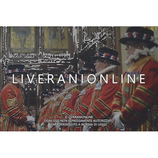 Yeomen of the Guard prepare to conduct the ceremonial search ahead of the State Opening of Parliament at the Palace of Westminster in London on June 4, 2014. The State Opening of Parliament marks the formal start of the parliamentary year and the Queen\'s Speech sets out the government\'s agenda for the coming session. The ceremonial search by members of the Queen\'s Body Guard ahead of the State Opening is a tradition that dates back to the Gunpowder Plot of 1605, when Guy Fawkes was arrested whilst preparing to blow up Parliament. AG ALDO LIVERANI SAS ONLY ITALY