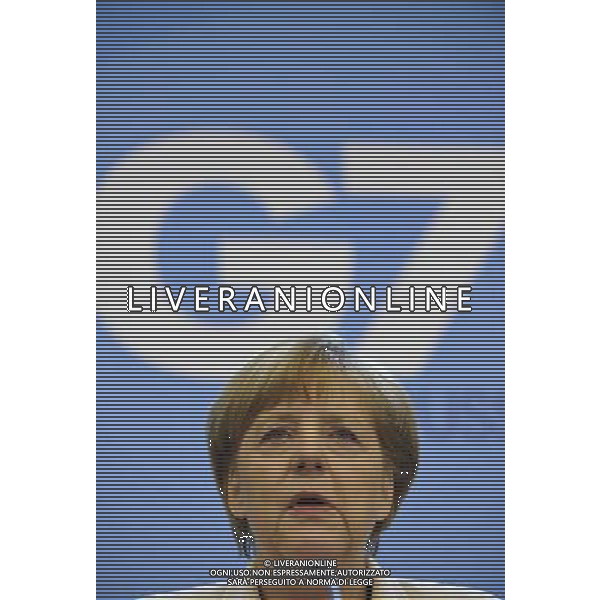 (140605) -- BRUSSELS, June 5, 2014 () -- Germany\'s Chancellor Angela Merkel speaks at a press briefing after the G7 Summit, at the EU Council headquarters in Brussels of Belgium, June 5, 2014.(/Ye Pingfan) ©PHOTOSHOT/Agenzia Aldo Liverani sas - ITALY ONLY - EDITORIAL USE ONLY - Vertice del G7 a Bruxelles, in Belgio, 5 Giugno 2014