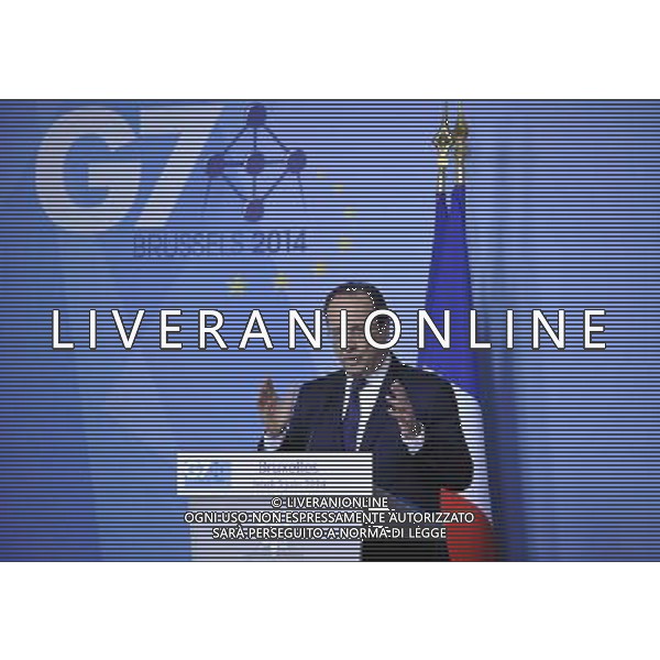 (140605) -- BRUSSELS, June 5, 2014 () -- France\'s President Francois Hollande speaks at a press briefing after the G7 Summit, at the EU Council headquarters in Brussels of Belgium, June 5, 2014.(/Ye Pingfan) ©PHOTOSHOT/Agenzia Aldo Liverani sas - ITALY ONLY - EDITORIAL USE ONLY - Vertice del G7 a Bruxelles, in Belgio, 5 Giugno 2014