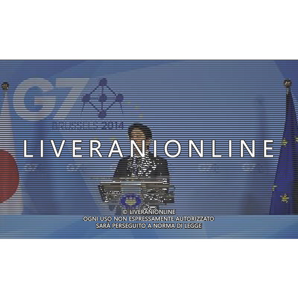 (140605) -- BRUSSELS, June 5, 2014 () -- Japan\'s Prime Minister Shinzo Abe speaks at a press briefing after the G7 Summit, at the EU Council headquarters in Brussels of Belgium, June 5, 2014.(/Ye Pingfan) ©PHOTOSHOT/Agenzia Aldo Liverani Sas - ITALY ONLY - EDITORIAL USE ONLY