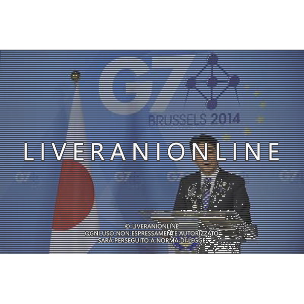 (140605) -- BRUSSELS, June 5, 2014 () -- Japan\'s Prime Minister Shinzo Abe speaks at a press briefing after the G7 Summit, at the EU Council headquarters in Brussels of Belgium, June 5, 2014.(/Ye Pingfan) ©PHOTOSHOT/Agenzia Aldo Liverani Sas - ITALY ONLY - EDITORIAL USE ONLY