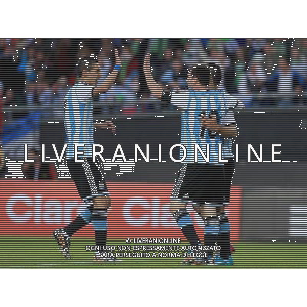 (140608) -- LA PLATA, June 8, 2014 () -- Argentina\'s Lionel Messi (C) celebrates after scoring with his teammates Sergio Aguero (R) and Angel Di Maria during the friendly match against Slovenia prior to the FIFA World Cup at Ciudad de La Plata Stadium, in La Plata, Argentina, on June 7, 2014. (/Victor Carreira/TELAM) (vf) (fnc) ©PHOTOSHOT/Agenzia Aldo Liverani sas - ITALY ONLY - EDITORIAL USE ONLY - ARGENTINA vs SLOVENIA partita amichevole prima Coppa del Mondo FIFA a Ciudad de la Plata Stadium, a La Plata, in Argentina, il 7 giugno 2014