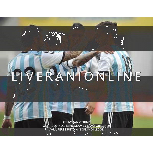 (140608) -- LA PLATA, June 8, 2014 () -- Argentina\'s Ricardo Alvarez (R) celebrates after scoring with his teammates during the friendly match against Slovenia prior to the FIFA World Cup at Ciudad de La Plata Stadium, in La Plata, Argentina, on June 7, 2014. (/Victor Carreira/TELAM) (vf) (fnc) ©PHOTOSHOT/Agenzia Aldo Liverani sas - ITALY ONLY - EDITORIAL USE ONLY - ARGENTINA vs SLOVENIA partita amichevole prima Coppa del Mondo FIFA a Ciudad de la Plata Stadium, a La Plata, in Argentina, il 7 giugno 2014