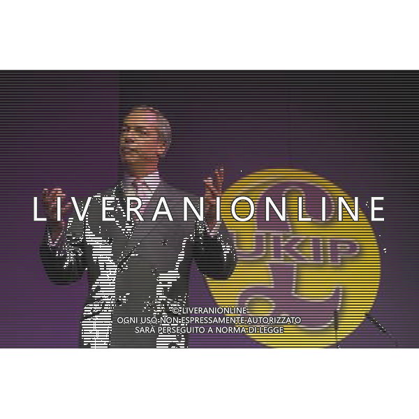 Eastbourne, UK, 07/06/2014 : UKIP South East Conference. Party leader Nigel Farage addresses the 3rd annual UKIP South East Conference at The Winter Garden. Previously the event was held in Frimley but has moved to a new venue in Eastbourne due to growing numbers. In the first year it was held, 450 members attended the conference, last year the figure was 750. This year over 1000 members are expected.. ©PHOTOSHOT/Agenzia Aldo Liverani sas - ITALY ONLY - EDITORIAL USE ONLY - Terza conferenza annuale dell\'UKIP South East presso il Winter Garden.