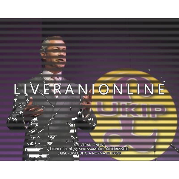 Eastbourne, UK, 07/06/2014 : UKIP South East Conference. Party leader Nigel Farage addresses the 3rd annual UKIP South East Conference at The Winter Garden. Previously the event was held in Frimley but has moved to a new venue in Eastbourne due to growing numbers. In the first year it was held, 450 members attended the conference, last year the figure was 750. This year over 1000 members are expected.. ©PHOTOSHOT/Agenzia Aldo Liverani sas - ITALY ONLY - EDITORIAL USE ONLY - Terza conferenza annuale dell\'UKIP South East presso il Winter Garden.