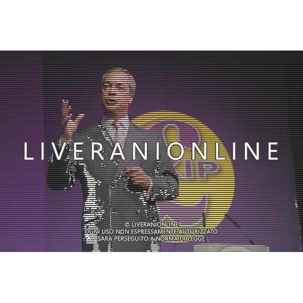 Eastbourne, UK, 07/06/2014 : UKIP South East Conference. Party leader Nigel Farage addresses the 3rd annual UKIP South East Conference at The Winter Garden. Previously the event was held in Frimley but has moved to a new venue in Eastbourne due to growing numbers. In the first year it was held, 450 members attended the conference, last year the figure was 750. This year over 1000 members are expected.. ©PHOTOSHOT/Agenzia Aldo Liverani sas - ITALY ONLY - EDITORIAL USE ONLY - Terza conferenza annuale dell\'UKIP South East presso il Winter Garden.