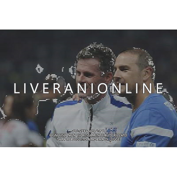 Soccer Aid at Old Trafford Football Club Manchester on 8th June 2014. Jamie Carragher and Paddy McGuinness. ©PHOTOSHOT/Agenzia Aldo Liverani sas - ITALY ONLY - EDITORIAL USE ONLY - Partita di beneficenza tra l\'Inghilterra e Resto del Mondo con le stelle mondiali del calcio e dello spettacolo all\'Old Trafford, stadio del Manchester United, 8 giugno 2014