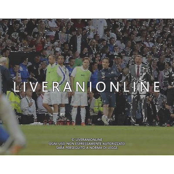 Soccer Aid at Old Trafford Football Club Manchester on 8th June 2014. Marvin Humes, Olly Murs, Robbie Williams, Sam Allardyce. ©PHOTOSHOT/Agenzia Aldo Liverani sas - ITALY ONLY - EDITORIAL USE ONLY - Partita di beneficenza tra l\'Inghilterra e Resto del Mondo con le stelle mondiali del calcio e dello spettacolo all\'Old Trafford, stadio del Manchester United, 8 giugno 2014