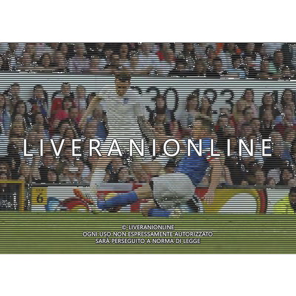 Soccer Aid at Old Trafford Football Club Manchester on 8th June 2014. Gordon Ramsay tackles Danny Jones. ©PHOTOSHOT/Agenzia Aldo Liverani sas - ITALY ONLY - EDITORIAL USE ONLY - Partita di beneficenza tra l\'Inghilterra e Resto del Mondo con le stelle mondiali del calcio e dello spettacolo all\'Old Trafford, stadio del Manchester United, 8 giugno 2014