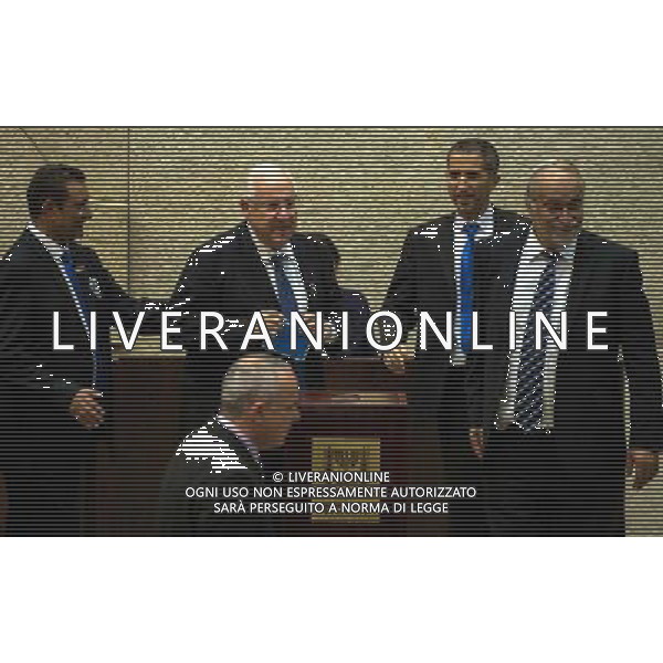 (140610) -- JERUSALEM, June 10, 2014 () -- Reuven Rivlin (rear, 2nd L) casts his ballot at the Knesset (Israeli parliament) in Jerusalem, on June 10, 2014. Former Israeli parliamentary speaker Reuven Rivlin was elected as Israel\'s new president Tuesday in a runoff vote by the Israeli Knesset (parliament). (/Li Rui)(cy) ©PHOTOSHOT/Agenzia Aldo Liverani sas - ITALY ONLY - EDITORIAL USE ONLY
