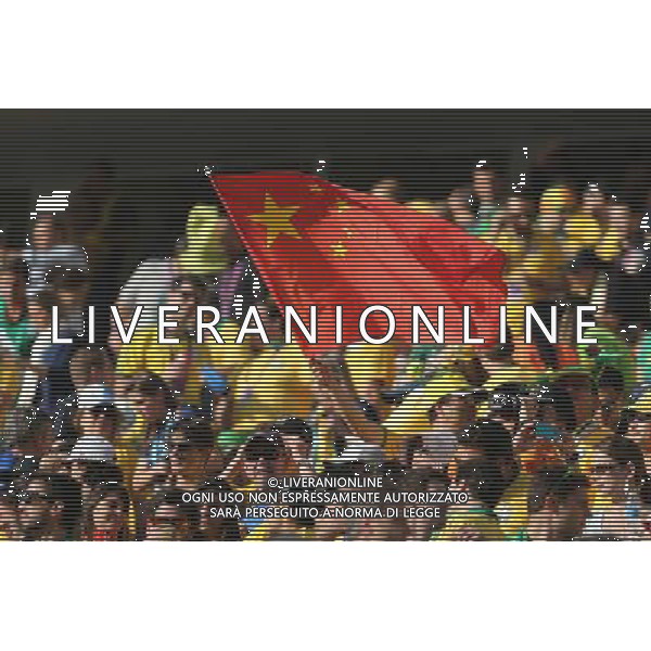 (140612) -- SAO PAULO, June 12, 2014 () -- A football fan waves a China\'s national flag on the opening ceremony of 2014 FIFA World Cup in the Arena de Sao Paulo Stadium in Sao Paulo, Brazil, June 12, 2014.(/Xu Zijian)(pcy) AG ALDO LIVERANI SAS ONLY ITALY