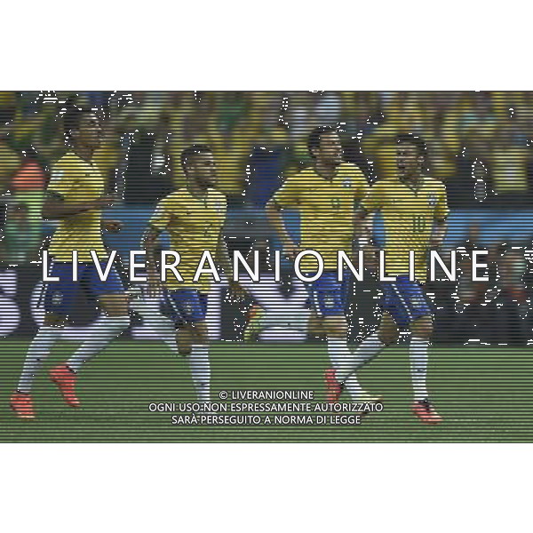 (140612) -- SAO PAULO, June 12, 2014 () -- Brazil\'s Neymar (1st R) celebrates a goal during the opening match of 2014 FIFA World Cup in the Arena de Sao Paulo Stadium in Sao Paulo, Brazil, June 12, 2014. (/Qi Heng)(rh) AG ALDO LIVERANI SAS ONLY ITALY