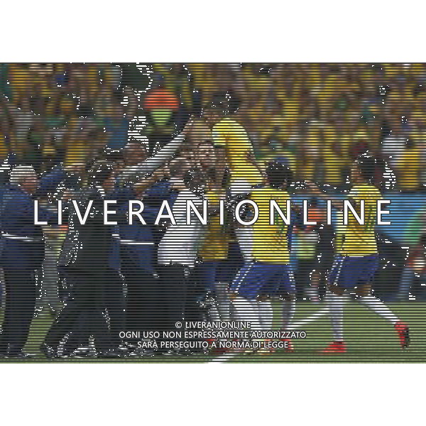 (140612) -- SAO PAULO, June 12, 2014 () -- Brazil\'s players celebrate their goal during the opening match of 2014 FIFA World Cup in the Arena de Sao Paulo Stadium in Sao Paulo, Brazil, June 12, 2014. (/Wang Lili)(rh) AG ALDO LIVERANI SAS ONLY ITALY