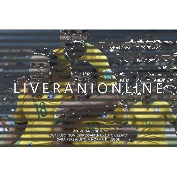 (140612) -- SAO PAULO, June 12, 2014 () -- Brazil\'s players celebrate after scoring the penalty kick during the opening match of 2014 FIFA World Cup in the Arena de Sao Paulo Stadium in Sao Paulo, Brazil, June 12, 2014. (/Zhou Lei)(rh) AG ALDO LIVERANI SAS ONLY ITALY
