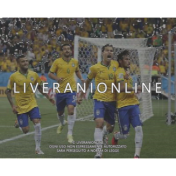(140612) -- SAO PAULO, June 12, 2014 () -- Brazil\'s players celebrate after scoring the penalty kick during the opening match of 2014 FIFA World Cup in the Arena de Sao Paulo Stadium in Sao Paulo, Brazil, June 12, 2014. (/Zhou Lei)(rh) AG ALDO LIVERANI SAS ONLY ITALY