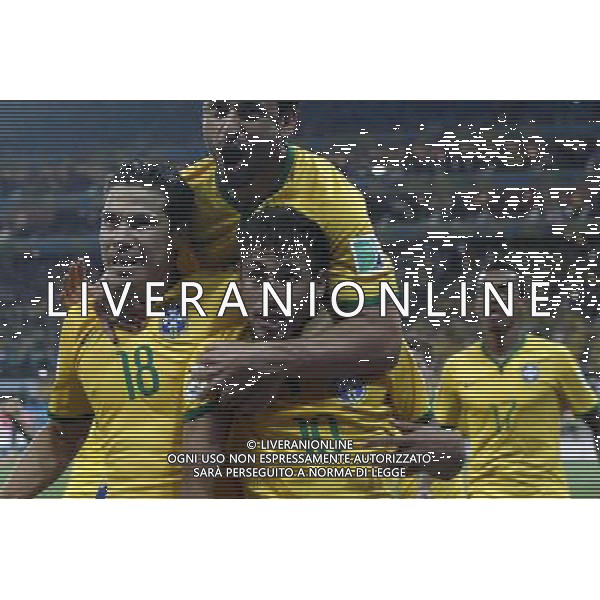 (140612) -- SAO PAULO, June 12, 2014 () -- Brazil\'s players celebrate after scoring the penalty kick during the opening match of 2014 FIFA World Cup in the Arena de Sao Paulo Stadium in Sao Paulo, Brazil, June 12, 2014. (/Zhou Lei)(rh) ©PHOTOSHOT/Agenzia Aldo Liverani sas - ITALY ONLY - EDITORIAL USE ONLY - Brasile - Croazia partita di apertura della FIFA World Cup Brasile 2014 Gruppo A San Paolo - 12 giugno 2014