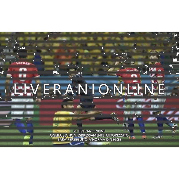 (140612) -- SAO PAULO, June 12, 2014 () -- Referee Yuichi Nishimura (3rd L) calls a foul on Croatia\'s Dejan Lovren (L) and gives Brazil a penalty kick during the opening match of 2014 FIFA World Cup in the Arena de Sao Paulo Stadium in Sao Paulo, Brazil, June 12, 2014. Brazil won 3-1 over Croatia on Thursday.(/Qi Heng)(rh) ©PHOTOSHOT/Agenzia Aldo Liverani sas - ITALY ONLY - EDITORIAL USE ONLY - Brasile - Croazia partita di apertura della FIFA World Cup Brasile 2014 Gruppo A San Paolo - 12 giugno 2014