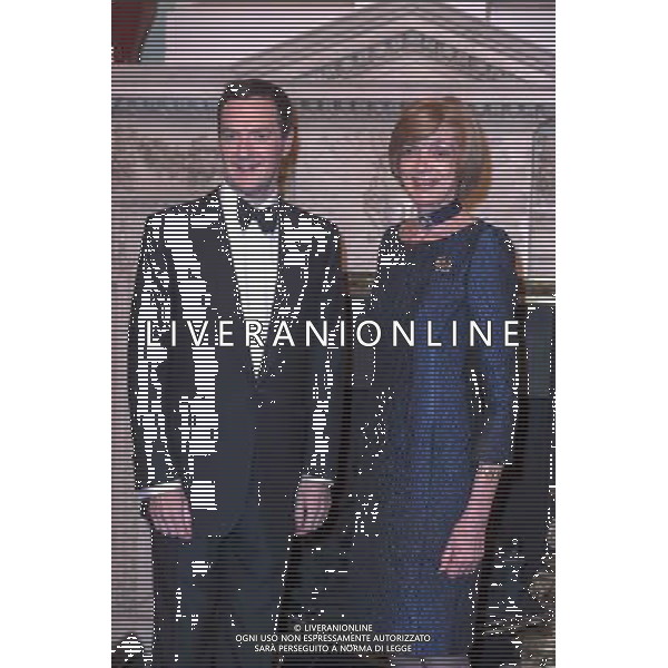 Chancellor of the Exchequer George Osborne and Governor of the Bank of England Mark Carney attend The Bankers Banquet held at Mansion House in the City of London. : George Osborne and Lord Mayor of London Fiona Woolf. ©PHOTOSHOT/Agenzia Aldo Liverani sas - ITALY ONLY - EDITORIAL USE ONLY - Il Cancelliere George Osborne e il Governatore della Banca d\'Inghilterra Mark Carney durante una cera di banchieri a Mansion House nella City di Londra.