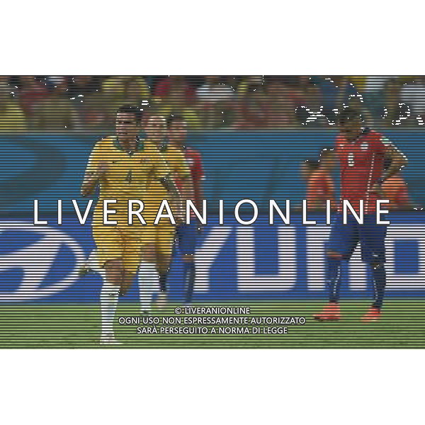 (140613) -- CUIABA, June 13, 2014 () -- Australia\'s Tim Cahill (front) celebrates for his goal during a Group B match between Chile and Australia of 2014 FIFA World Cup in the Arena Pantanal Stadium in Cuiaba, Brazil, June 13, 2014. (/Liu Dawei)(pcy) ©photoshot/Agenzia Aldo Liverani sas - ITALY ONLY - EDITORIAL USE ONLY - Cile v Australia partita del Gruppo B Coppa del mondo FIFA World Cup nel Pantanal stadio Arena di Cuiaba, Brasile, 13 giugno 2014