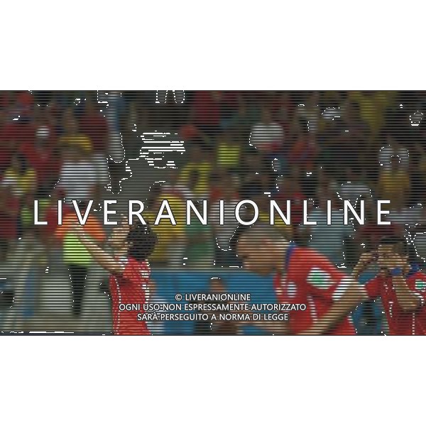 (140613) -- CUIABA, June 13, 2014 () -- Chile\'s Jorge Valdivia (L) celebrates the goal during a Group B match between Chile and Australia of 2014 FIFA World Cup in the Arena Pantanal Stadium in Cuiaba, Brazil, June 13, 2014. (/Li Ming)(rh) ©photoshot/Agenzia Aldo Liverani sas - ITALY ONLY - EDITORIAL USE ONLY - Cile v Australia partita del Gruppo B Coppa del mondo FIFA World Cup nel Pantanal stadio Arena di Cuiaba, Brasile, 13 giugno 2014