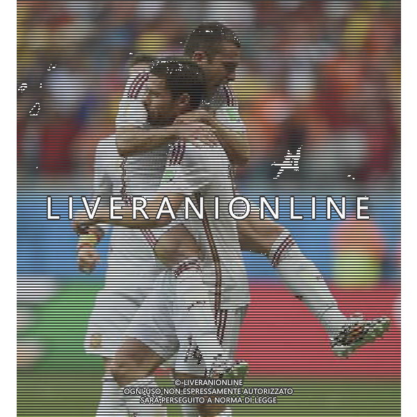 (140613) -- SALVADOR, June 13, 2014 () -- Spain\'s players celebrate the scoring of a penalty kick during a Group B match between Spain and Netherlands of 2014 FIFA World Cup in the Arena Fonte Nova Stadium in Salvador, Brazil, June 13, 2014. (/Yang Lei)(rh) ©photoshot/Agenzia Aldo Liverani sas - ITALY ONLY - EDITORIAL USE ONLY - Spagna Vs Olanda partita del Gruppo B Coppa del Mondo FIFA 2014 in Salvador, in Brasile, 13 giugno 2014