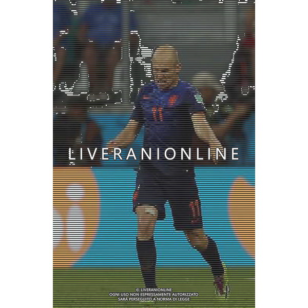(140613) -- SALVADOR, June 13, 2014 () -- Netherlands\' Arjen Robben celebrates his goal at the Arena Fonte Nova Stadium during a Group B match between Spain and Netherlands of 2014 FIFA World Cup in Salvador, Brazil, June 13, 2014. (/Cao Can) ©photoshot/Agenzia Aldo Liverani sas - ITALY ONLY - EDITORIAL USE ONLY - Spagna Vs Olanda partita del Gruppo B Coppa del Mondo FIFA 2014 in Salvador, in Brasile, 13 giugno 2014
