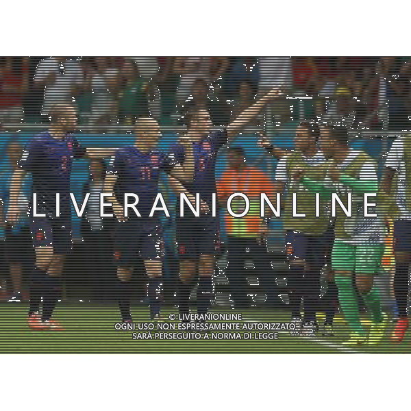 (140613) -- SALVADOR, June 13, 2014 () -- Netherlands\' Stefan de Vrij (3rd L) celebrates for his goal with his teammates Arjen Robben (2nd L) and Ron Vlaar (1st L) at the Arena Fonte Nova Stadium during a Group B match between Spain and Netherlands of 2014 FIFA World Cup in Salvador, Brazil, June 13, 2014. Netherlands won 5-1 over Spain on Friday. (/Cao Can) ©photoshot/Agenzia Aldo Liverani sas - ITALY ONLY - EDITORIAL USE ONLY - Spagna Vs Olanda partita del Gruppo B Coppa del Mondo FIFA 2014 in Salvador, in Brasile, 13 giugno 2014