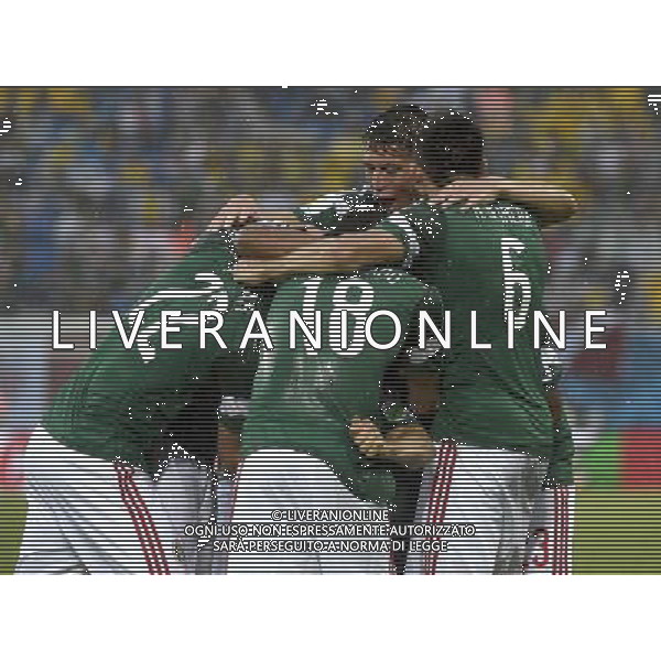 (140613) -- NATAL, June 13, 2014 () -- Mexico\'s players celebrate their goal during a Group A match between Mexico and Cameroon of 2014 FIFA World Cup in the Estadio das Dunas Stadium in NATAL, Brazil, June 13, 2014. (/Lui Siuwai)(rh) ©photoshot/Agenzia Aldo Liverani sas - ITALY ONLY - EDITORIAL USE ONLY - Messico v Camerun partita del Gruppo A Coppa del Mondo FIFA 2014 in Estadio das Dunas Stadium a Natal, Brasile, 13 giugno 2014