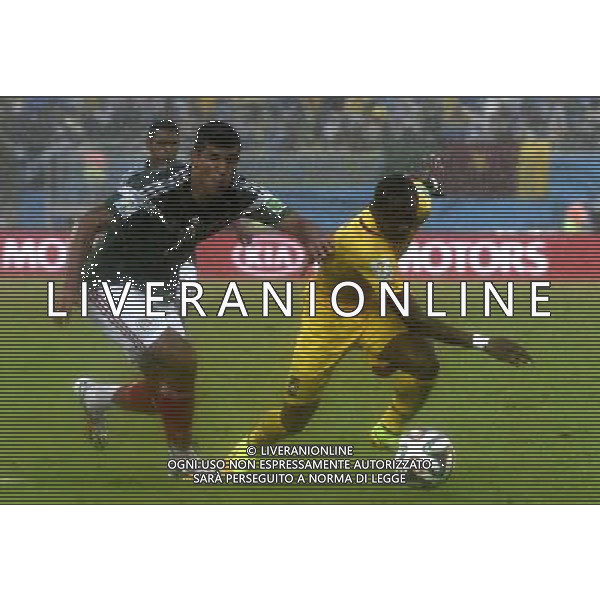 (140613) -- NATAL, June 13, 2014 () -- Mexico\'s Francisco Rodriguez (L) strives for the ball with Cameroon\'s Eyong Enoh during a Group A match between Mexico and Cameroon of 2014 FIFA World Cup at the Estadio das Dunas Stadium in Natal, Brazil, June 13, 2014. (/Lui Siu Wai)(pcy) ©photoshot/Agenzia Aldo Liverani sas - ITALY ONLY - EDITORIAL USE ONLY - Messico v Camerun partita del Gruppo A Coppa del Mondo FIFA 2014 in Estadio das Dunas Stadium a Natal, Brasile, 13 giugno 2014