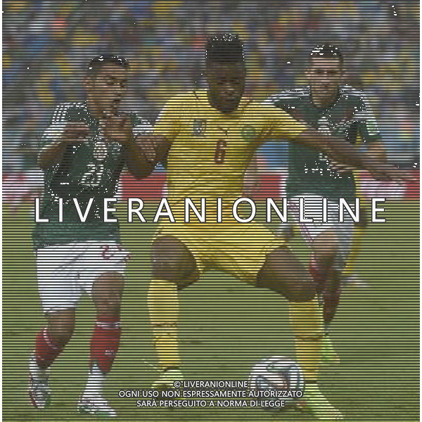 (140613) -- NATAL, June 13, 2014 () -- Mexico\'s Jose Juan Vazquez (L) strives for the ball controlled by Cameroon\'s Alexandre Song (C) during a Group A match between Mexico and Cameroon of 2014 FIFA World Cup at the Estadio das Dunas Stadium in Natal, Brazil, June 13, 2014. (/Lui Siu Wai)(pcy) ©photoshot/Agenzia Aldo Liverani sas - ITALY ONLY - EDITORIAL USE ONLY - Messico v Camerun partita del Gruppo A Coppa del Mondo FIFA 2014 in Estadio das Dunas Stadium a Natal, Brasile, 13 giugno 2014