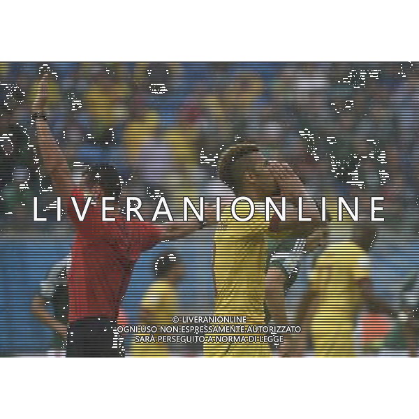 (140613) -- NATAL, June 13, 2014 () -- Cameroon\'s Eric Choupo Moting (R) reacts as referee Wilmar Roldan (L) calls a foul during a Group A match between Mexico and Cameroon of 2014 FIFA World Cup at the Estadio das Dunas Stadium in Natal, Brazil, June 13, 2014. (/Lui Siu Wai)(pcy) ©photoshot/Agenzia Aldo Liverani sas - ITALY ONLY - EDITORIAL USE ONLY - Messico v Camerun partita del Gruppo A Coppa del Mondo FIFA 2014 in Estadio das Dunas Stadium a Natal, Brasile, 13 giugno 2014