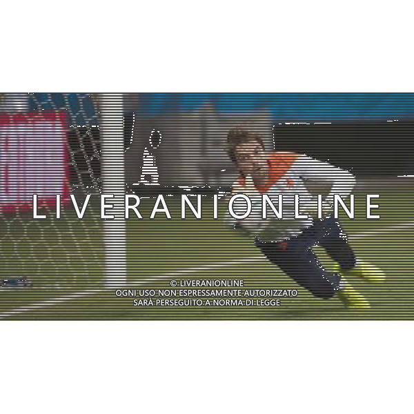 (140612) -- SALVADOR, June 12, 2014 () -- Netherlands\' goalkeeper Tim Krul blocks a ball during a training session on the field of Fonte Nova Stadium in Salvador, Brazil, on June 12, 2014.(/Yang Lei) ©photoshot/Agenzia Aldo Liverani sas - ITALY ONLY - EDITORIAL USE ONLY - Allenamento e conferenza stampa dei giocatori della nazionale dell\'olanda sul campo di Stadio Fonte Nova di Salvador, in Brasile, il 12 giugno 2014