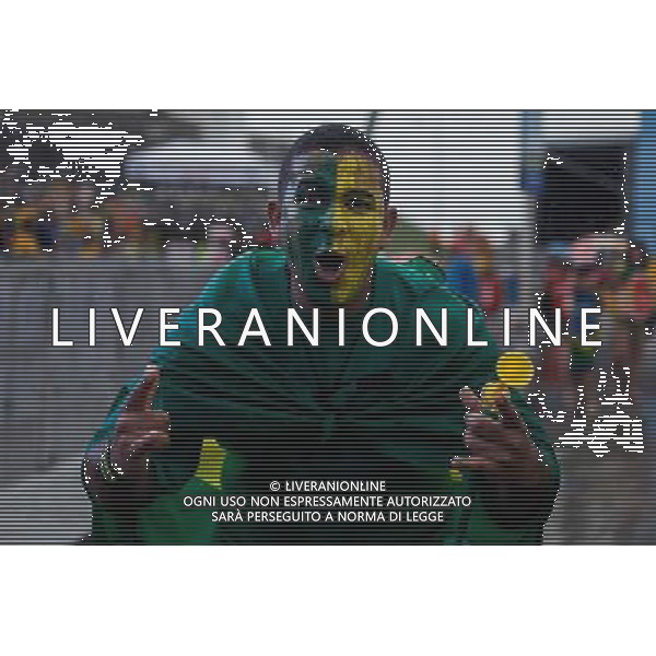 (140612) -- SALVADOR, June 12, 2014 () - A Brazilian football fan responds excitedly to the photographer\'s camera as he watches the opening match between Brazil and Croatia of 2014 FIFA World Cup at the Farol da Barra in Salvador, Bahia, Brazil,on June 12, 2014. Brazil won 3-1 over Croatia on Thursday. (/Jhon Paz) ©photoshot/Agenzia Aldo Liverani sas - ITALY ONLY - EDITORIAL USE ONLY - L\'esultanza dei tifosi per la partita di apertura tra Brasile e Croazia Coppa del Mondo FIFA WORLD CUP BRASILE 12 giugno 2014