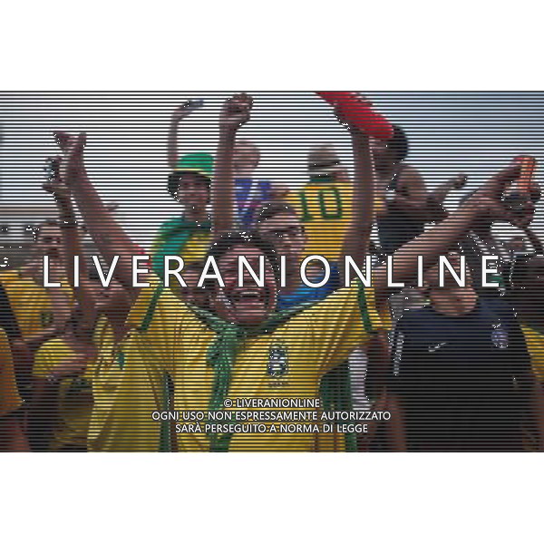 (140612) -- SALVADOR, June 12, 2014 () - Brazilian football fans celebrate a goal while watching the opening match between Brazil and Croatia of 2014 FIFA World Cup at the Farol da Barra in Salvador, Bahia, Brazil,on June 12, 2014. Brazil won 3-1 over Croatia on Thursday. (/Jhon Paz) ©photoshot/Agenzia Aldo Liverani sas - ITALY ONLY - EDITORIAL USE ONLY - L\'esultanza dei tifosi per la partita di apertura tra Brasile e Croazia Coppa del Mondo FIFA WORLD CUP BRASILE 12 giugno 2014