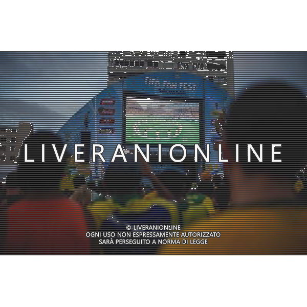 (140612) -- SALVADOR, June 12, 2014 () -- Brazilian football fans watch the opening match between Brazil and Croatia of 2014 FIFA World Cup at the Farol da Barra in Salvador, Bahia, Brazil,on June 12, 2014. Brazil won 3-1 over Croatia on Thursday. (/Jhon Paz) ©photoshot/Agenzia Aldo Liverani sas - ITALY ONLY - EDITORIAL USE ONLY - L\'esultanza dei tifosi per la partita di apertura tra Brasile e Croazia Coppa del Mondo FIFA WORLD CUP BRASILE 12 giugno 2014