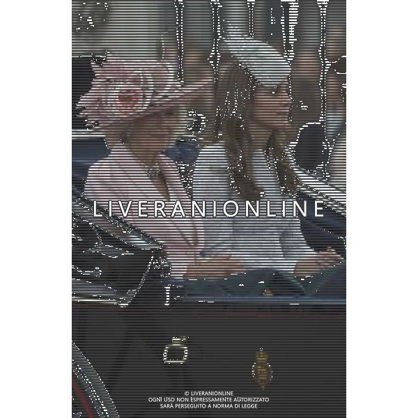 THE DUCHESS OF CORNWALL AND THE DUCHESS OF CAMBRIDGE PRINCE HARRY PRINCESS EUGENIE AND THE COUTESS OF WESSEX PTHE DUKE OF YOUR AND THE EARL OF WESSEX THE QUEEN AND MEMBERS OF THE ROYAL FAMILY ATTENDED TROOPING THE COLOUR AG ALDO LIVERANI SAS ONLY ITALY