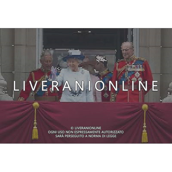 THE DUCHESS OF CORNWALL AND THE DUCHESS OF CAMBRIDGE PRINCE HARRY PRINCESS EUGENIE AND THE COUTESS OF WESSEX PTHE DUKE OF YOUR AND THE EARL OF WESSEX THE QUEEN AND MEMBERS OF THE ROYAL FAMILY ATTENDED TROOPING THE COLOUR AG ALDO LIVERANI SAS ONLY ITALY
