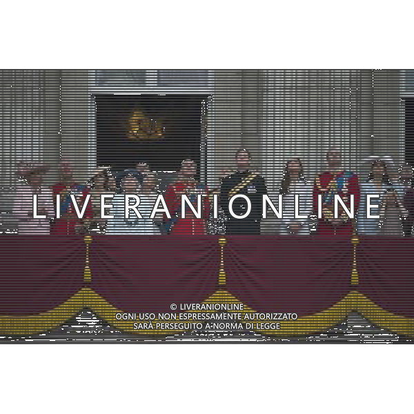 THE DUCHESS OF CORNWALL AND THE DUCHESS OF CAMBRIDGE PRINCE HARRY PRINCESS EUGENIE AND THE COUTESS OF WESSEX PTHE DUKE OF YOUR AND THE EARL OF WESSEX THE QUEEN AND MEMBERS OF THE ROYAL FAMILY ATTENDED TROOPING THE COLOUR AG ALDO LIVERANI SAS ONLY ITALY