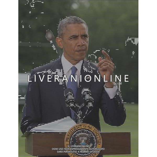 United States President Barack Obama makes a statement on the situation in Iraq prior to departing the South Lawn of the White House for a trip to North Dakota on Friday, June 13, 2014. In his remarks the President said \'We will not be sending US troops back into combat in Iraq,\' but said he has asked his national security team for a \'range of options that he will be reviewing in the days ahead.\' AG ALDO LIVERANI SAS ONLY ITALY