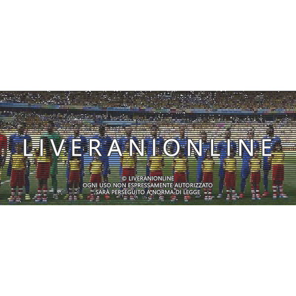 (140614) -- BELO HORIZONTE, June 14, 2014 () -- Greece\'s players sing Greek national anthem before a Group C match between Colombia and Greece of 2014 FIFA World Cup at the Estadio Mineirao Stadium in Belo Horizonte, Brazil, June 14, 2014. (/Liu Bin)(pcy) ©PHOTOSHOT/Agenzia Aldo Liverani Sas - ITALY ONLY - EDITORIAL USE ONLY - Colombia Vs Grecia partita del Gruppo C Coppa del Mondo FIFA 2014 Mineirao stadio Estadio a Belo Horizonte, in Brasile 14 Giugno 2014