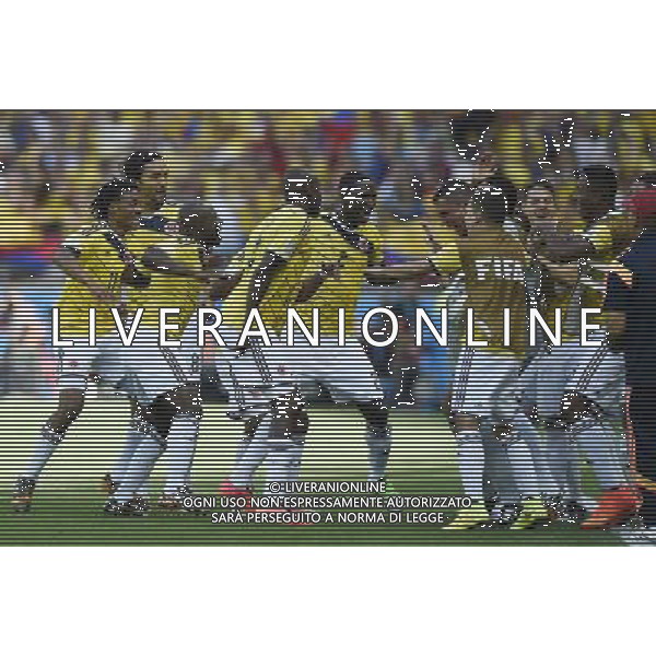 (140614) -- BELO HORIZONTE, June 14, 2014 () -- Colombia\'s players celebrate for the goal during a Group C match between Colombia and Greece of 2014 FIFA World Cup in the Estadio Mineirao Stadium in Belo Horizonte, Brazil, June 14, 2014. (/Qi Heng)(rh) ©PHOTOSHOT/Agenzia Aldo Liverani Sas - ITALY ONLY - EDITORIAL USE ONLY - Colombia Vs Grecia partita del Gruppo C Coppa del Mondo FIFA 2014 Mineirao stadio Estadio a Belo Horizonte, in Brasile 14 Giugno 2014