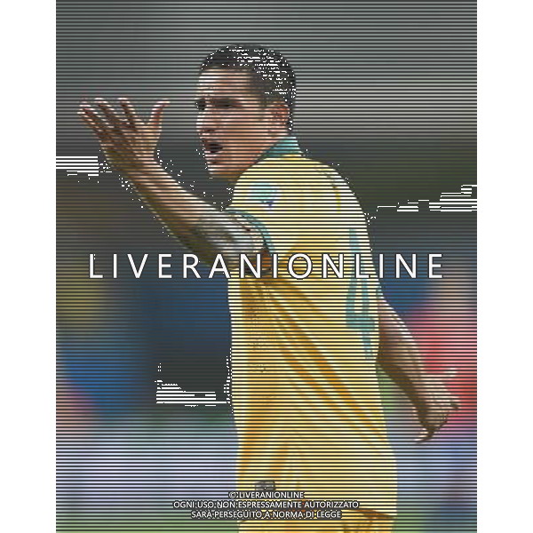 (140613) -- CUIABA, June 13, 2014 () -- Australia\'s Tim Cahill reacts as he is called an offside during a Group B match between Chile and Australia of 2014 FIFA World Cup in the Arena Pantanal Stadium in Cuiaba, Brazil, June 13, 2014. (/Liu Dawei)(pcy) ©PHOTOSHOT/Agenzia Aldo Liverani Sas - ITALY ONLY - EDITORIAL USE ONLY - Cile v Australia partita del Gruppo B Coppa del mondo FIFA World Cup nel Pantanal stadio Arena di Cuiaba, Brasile, 13 giugno 2014