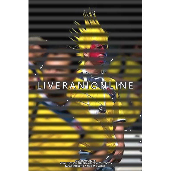 (140614) -- BELO HORIZONTE, June 14, 2014 () ®C A Colombia\'s fan is seen before a Group C match between Colombia and Greece of 2014 FIFA World Cup at the Estadio Mineirao Stadium in Belo Horizonte, Brazil, June 14, 2014. (/Liu Bin)(pcy) ©PHOTOSHOT/Agenzia Aldo Liverani sas - ITALY ONLY - EDITORIAL USE ONLY - Colombia Vs Grecia partita del Gruppo C Coppa del Mondo FIFA 2014 Mineirao stadio Estadio a Belo Horizonte, in Brasile 14 Giugno 2014