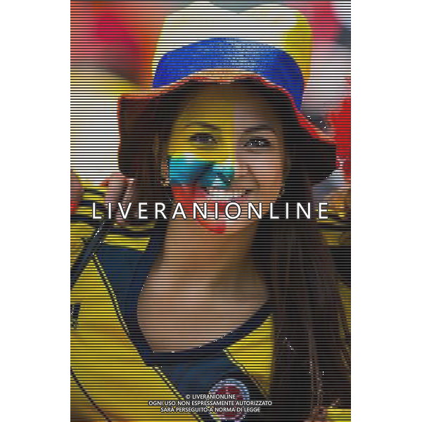 (140614) -- BELO HORIZONTE, June 14, 2014 () ®C A Colombia\'s fan poses before a Group C match between Colombia and Greece of 2014 FIFA World Cup at the Estadio Mineirao Stadium in Belo Horizonte, Brazil, June 14, 2014. (/Liu Bin)(pcy) ©PHOTOSHOT/Agenzia Aldo Liverani sas - ITALY ONLY - EDITORIAL USE ONLY - Colombia Vs Grecia partita del Gruppo C Coppa del Mondo FIFA 2014 Mineirao stadio Estadio a Belo Horizonte, in Brasile 14 Giugno 2014
