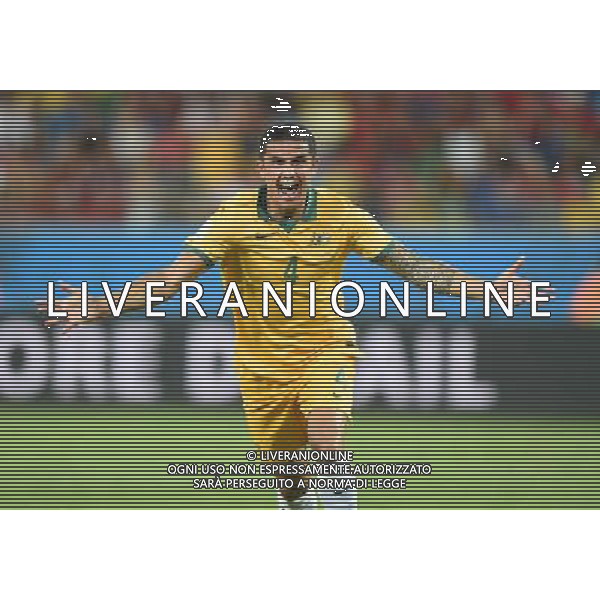 (140613) -- CUIABA, June 13, 2014 () -- Australia\'s Tim Cahill cheers during a Group B match between Chile and Australia of 2014 FIFA World Cup in the Arena Pantanal Stadium in Cuiaba, Brazil, June 13, 2014. Chile won 3-1 over Australia on Friday. (/Liu Dawei)(pcy) ©PHOTOSHOT/Agenzia Aldo Liverani sas - ITALY ONLY - EDITORIAL USE ONLY - Cile Vs Australia partita del Gruppo B Coppa del mondo FIFA World Cup nel Pantanal stadio Arena di Cuiaba, Brasile, 13 giugno 2014