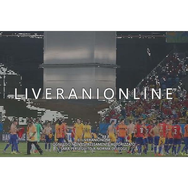 (140613) -- CUIABA, June 13, 2014 () -- Australia and Chile\'s players geet each other after a Group B match between Chile and Australia of 2014 FIFA World Cup in the Arena Pantanal Stadium in Cuiaba, Brazil, June 13, 2014. Chile won 3-1 over Australia on Friday. (/Li Ming)(pcy) ©PHOTOSHOT/Agenzia Aldo Liverani sas - ITALY ONLY - EDITORIAL USE ONLY - Cile Vs Australia partita del Gruppo B Coppa del mondo FIFA World Cup nel Pantanal stadio Arena di Cuiaba, Brasile, 13 giugno 2014